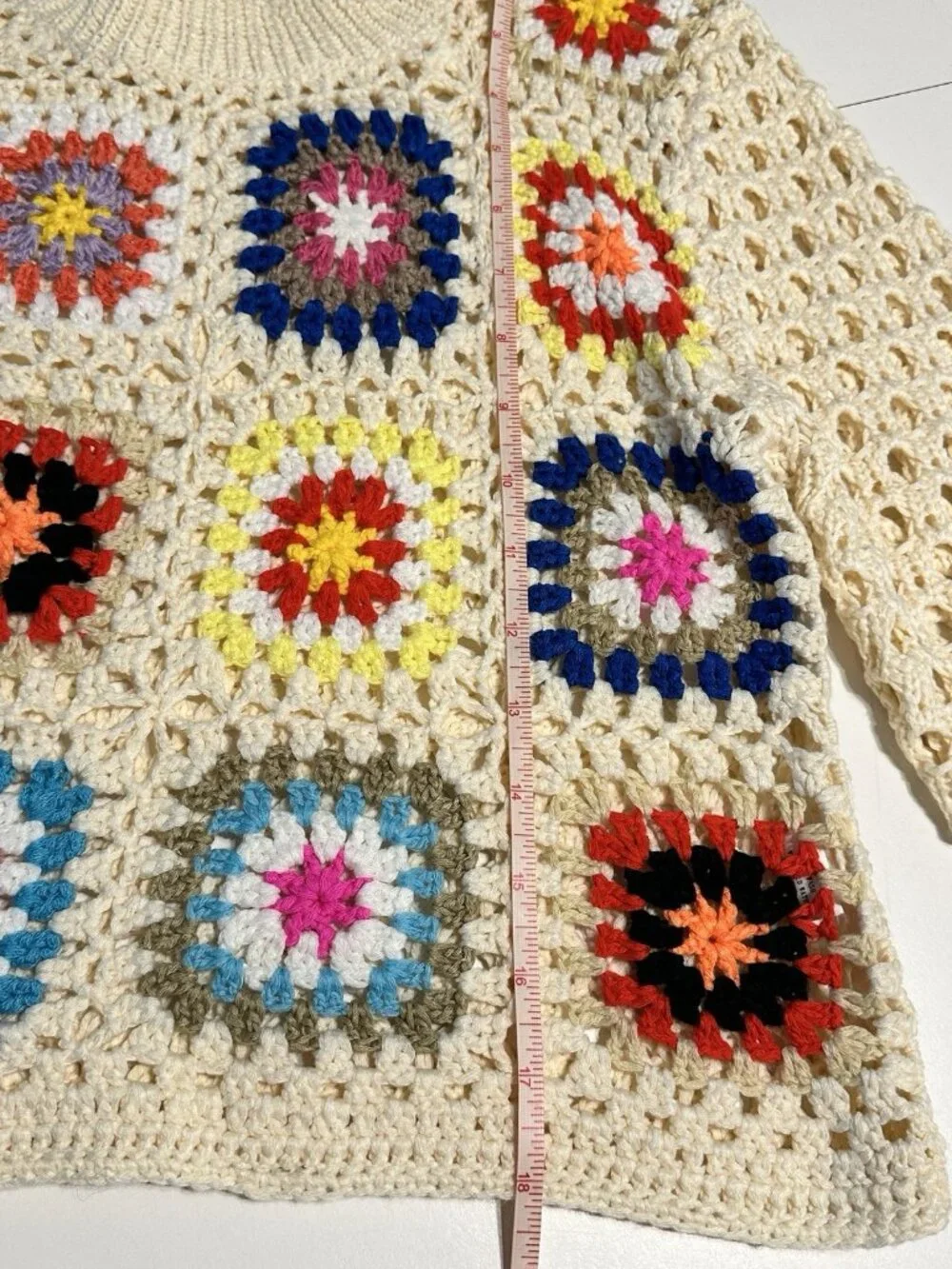 Debut Granny Square Crochet Pullover Sweater Cropped Open Knit Cream Flower XS